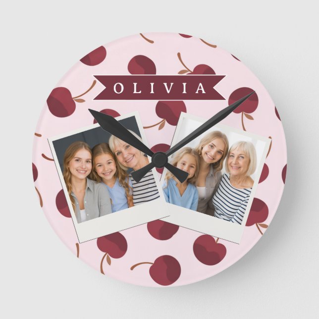 Personalised Aesthetic Cherry Pattern Name Gift Round Clock (Front)