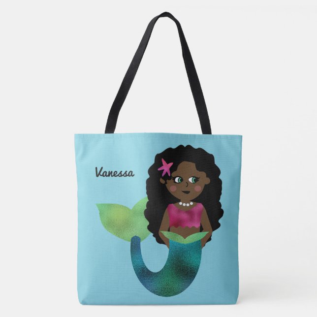 Personalised African American Mermaid Faux Foil Tote Bag (Front)