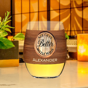 Personalised Age Gets Better With Wine Wood Tone Stemless Wine Glass