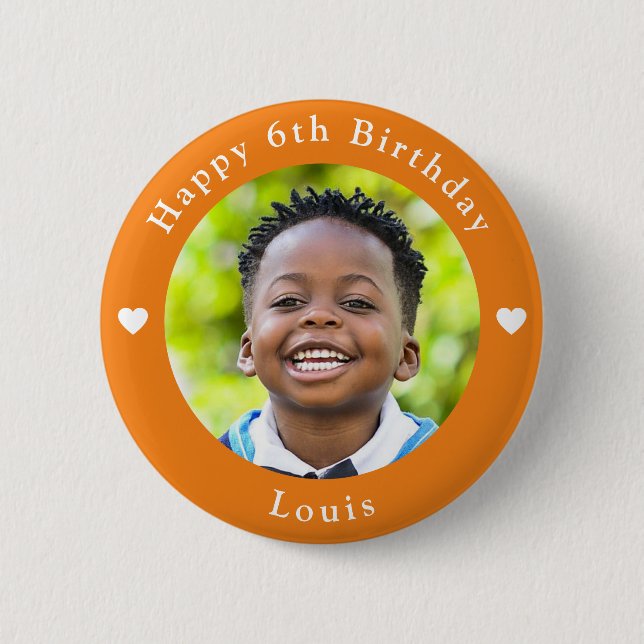 Personalised Age, Photo And Name Birthday Orange 6 Cm Round Badge (Front)