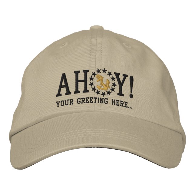 Personalised AHOY! Nautical Greetings Embroidery Embroidered Hat (Front)