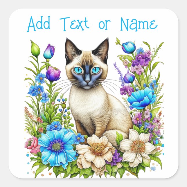 Personalised Ai Watercolor Siamese Cat in Flowers Square Sticker (Front)