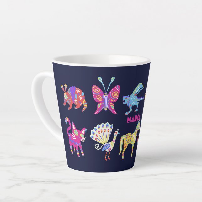 Personalised Alebrije Mexican Animals Folk Art Latte Mug (Left Angle)