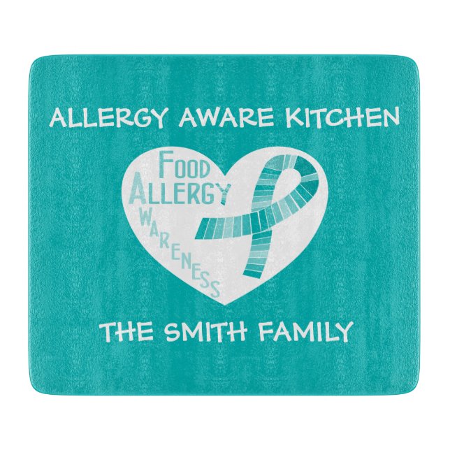 Personalised Allergy Aware Teal Ribbon Heart Teal Cutting Board (Front)