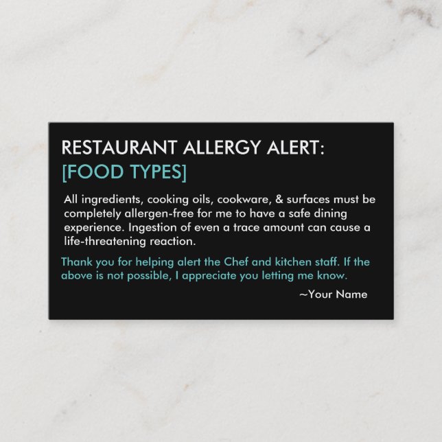 Personalised Allergy Restaurant & ICE Card - HP (Front)