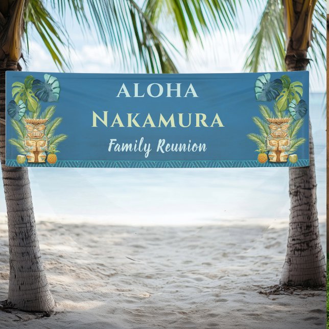 Personalised Aloha Welcome Family Reunion Banner (Family Reunion Banner - Aloha - Ohana Hawaiian Luau themed. Tiki, tropical leaves your name. )