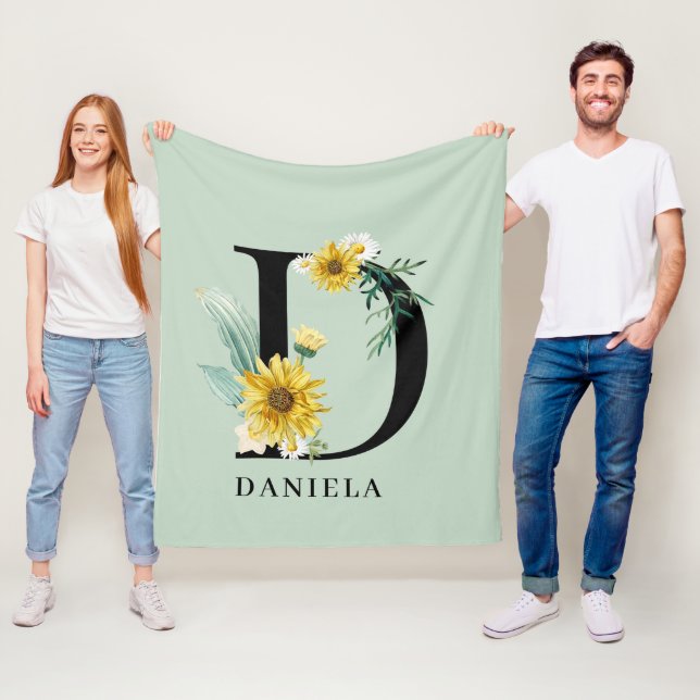 Personalised Alphabet D Floral Monogram  Fleece Blanket (In Situ)