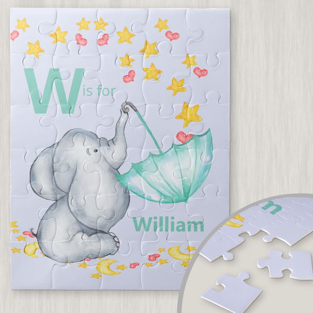 Personalised Alphabet Name Cute Elephant Boys Jigsaw Puzzle (Creator Uploaded)