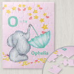 Personalised Alphabet Name Cute Elephant Girls<br><div class="desc">Cute elephant jigsaw puzzle for your little girl with custom alphabet name. The template is set up for you to add your name and initial, which is lettered in bold typography. The design has a cute elephant catching falling stars and love hearts in an umbrella. It has a colour palette...</div>