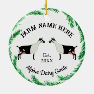 Personalised Alpine Dairy Goat Pine Wreath Ceramic Tree Decoration