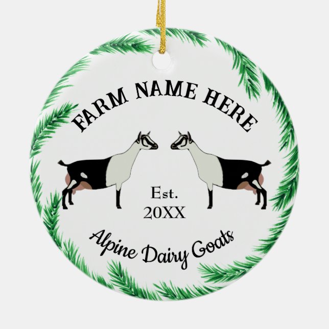 Personalised Alpine Dairy Goat Pine Wreath Ceramic Tree Decoration (Back)