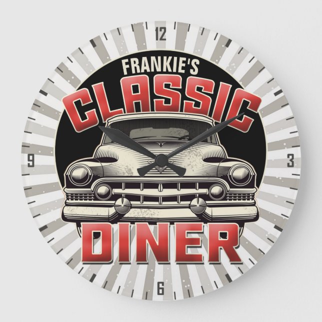 Personalised American Classic Car Retro Diner Cafe Large Clock (Front)