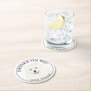 Personalised American Eskimo Samoyed Dog Wedding Round Paper Coaster