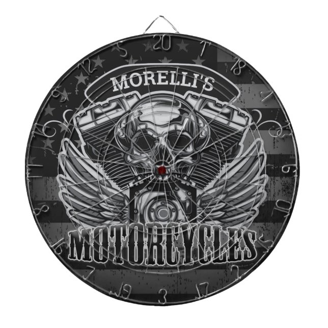 Personalised American Flag Biker Skull Motorcycle Dartboard (Front)
