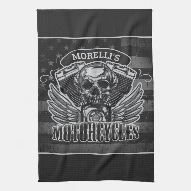 Personalised American Flag Biker Skull Motorcycle Tea Towel (Vertical)