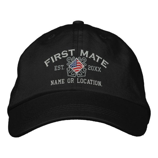 Personalised American Flag First Mate Nautical Embroidered Hat (Front)