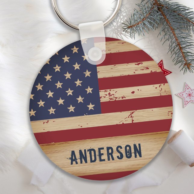 Personalised American Flag Rustic Wood Patriotic Key Ring (Creator Uploaded)