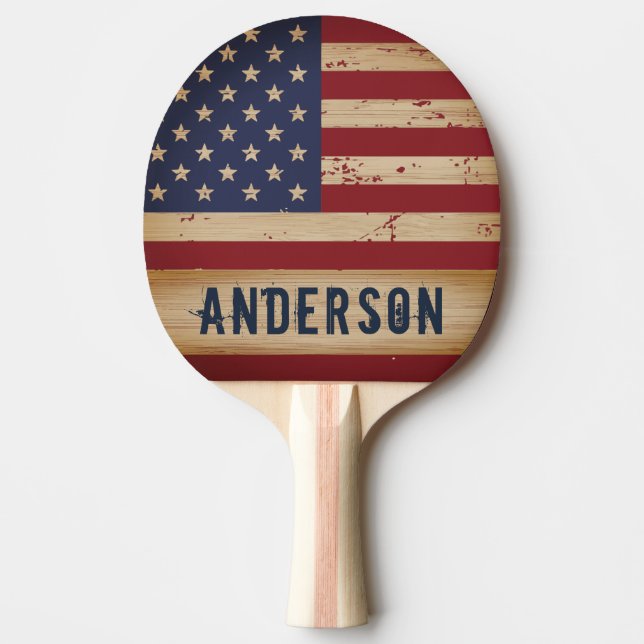 Personalised American Flag Rustic Wood Patriotic Ping Pong Paddle (Front)