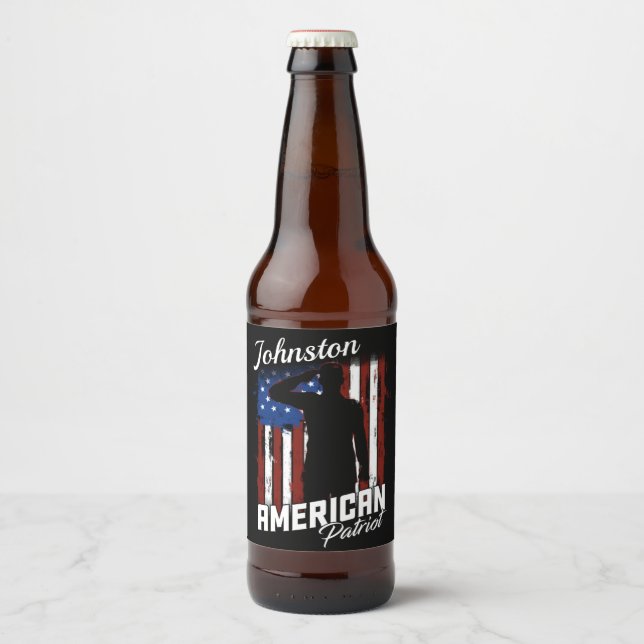 Personalised American Patriot Soldier USA Flag  Beer Bottle Label (Front)