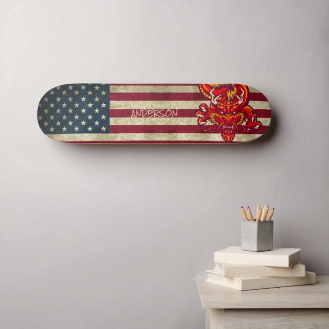 Personalised American Red Asian Dragon Skateboard (Wall Art (Horz))