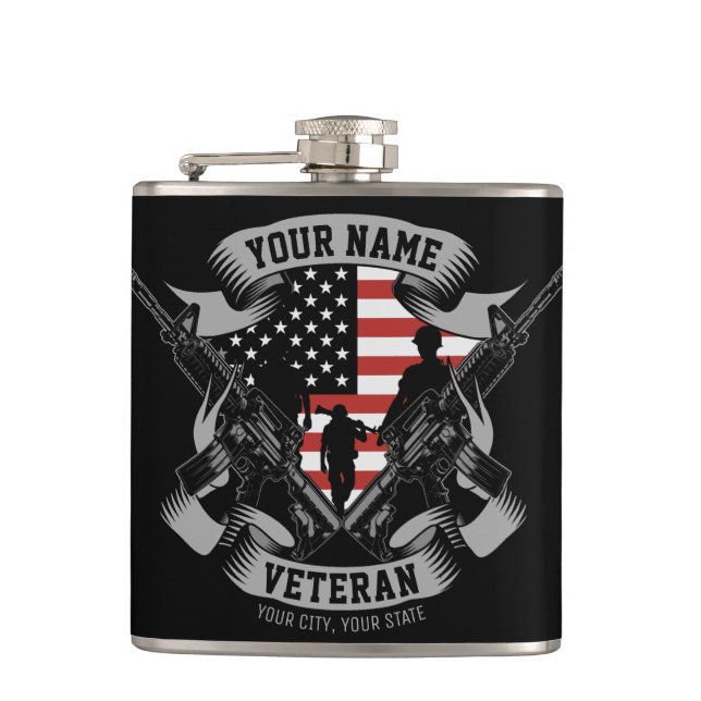 Personalised American Veteran Proud Vet USA Flag  Hip Flask (Front)
