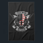 Personalised American Veteran Proud Vet USA Flag   Tea Towel<br><div class="desc">Personalised American Veteran Proud Vet USA Flag featuring Soldiers with Firearms and American Flag Design. Personalised with your Name,  Custom Text and Location! Perfect gift for that special person in your life!</div>