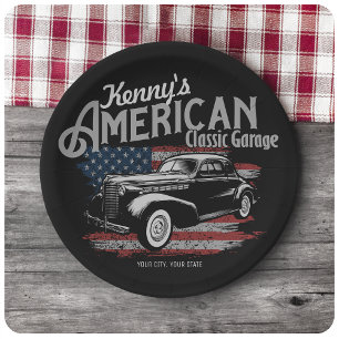 Personalised American Vintage Classic Car Garage  Paper Plate