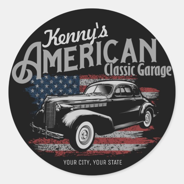 Personalised American Vintage Classic Car Garage  Round Sticker (Front)