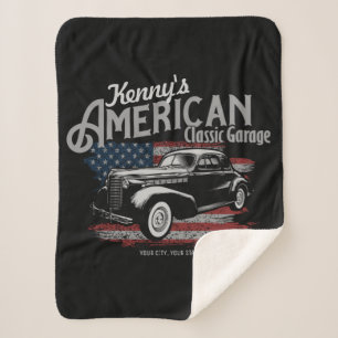 Personalised American Vintage Classic Car Garage  Sherpa Blanket