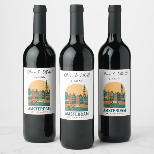 Personalised Amsterdam Netherlands Wedding Retro Wine Label (Bottles)
