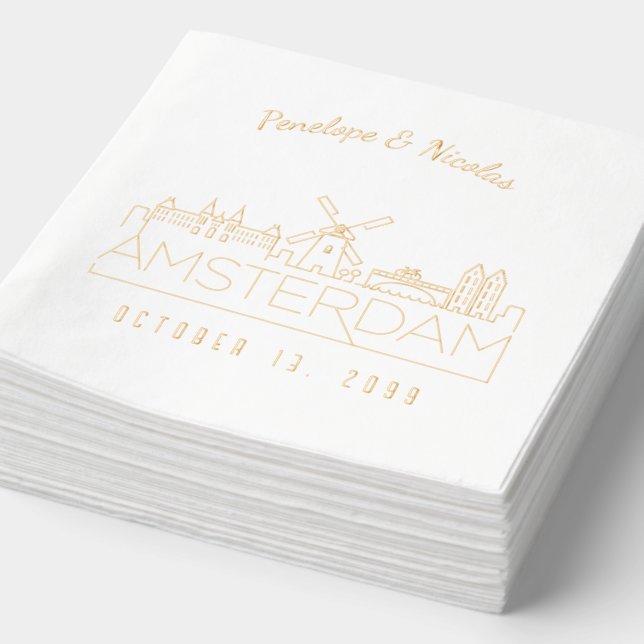 Personalised Amsterdam Wedding Napkins Gold Foil (Detail)