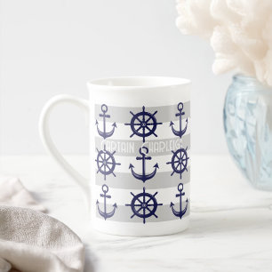 Personalised Anchor Boat Wheel Striped Nautical Bone China Mug