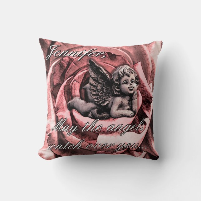 Personalised Angel Cherub with Rose Inspirational Cushion (Front)