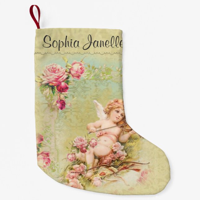 Personalised Angel playing Violin Roses Small Christmas Stocking (Front)