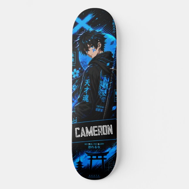 Personalised Anime  Black Cyan Samurai Skateboard (Front)