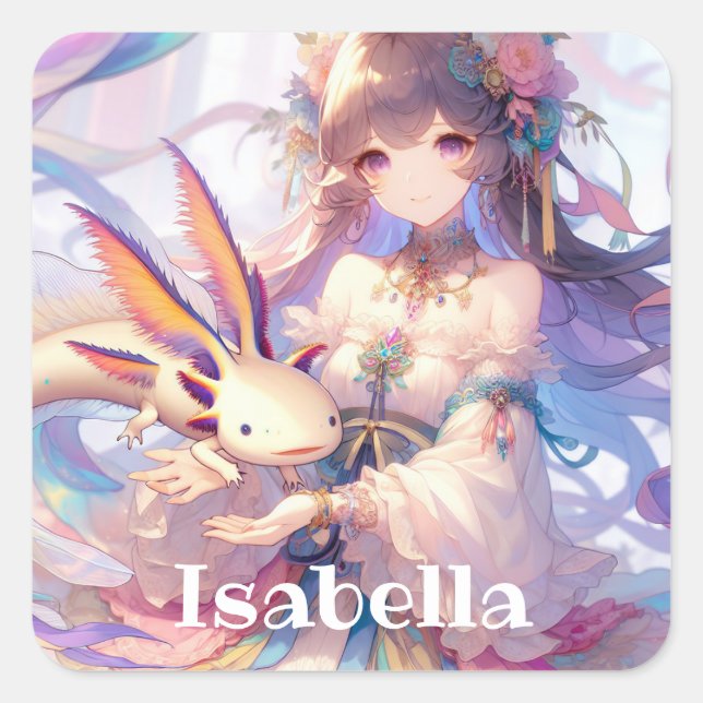 Personalised Anime Girl and Axolotl Square Sticker (Front)