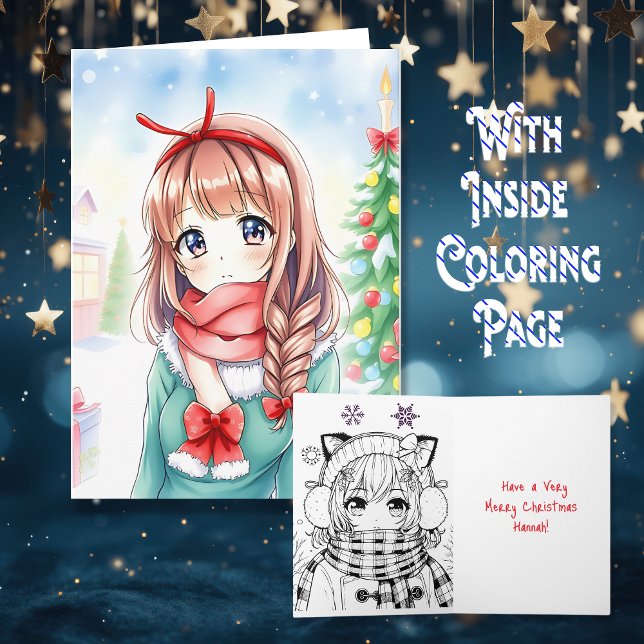Personalised Anime Girl Colouring Page Christmas Card (Creator Uploaded)