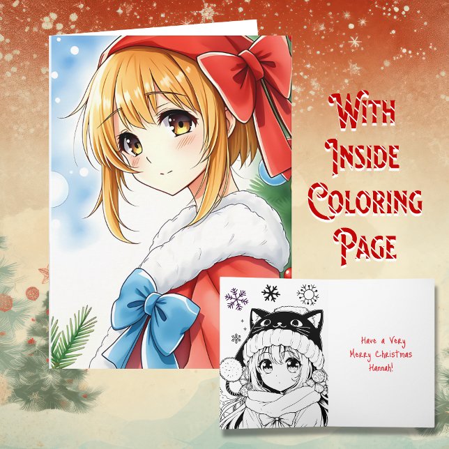 Personalised Anime Girl Colouring Page Christmas Card (Creator Uploaded)