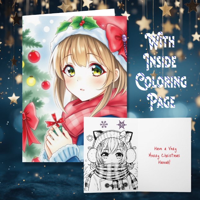Personalised Anime Girl Colouring Page Christmas Card (Creator Uploaded)