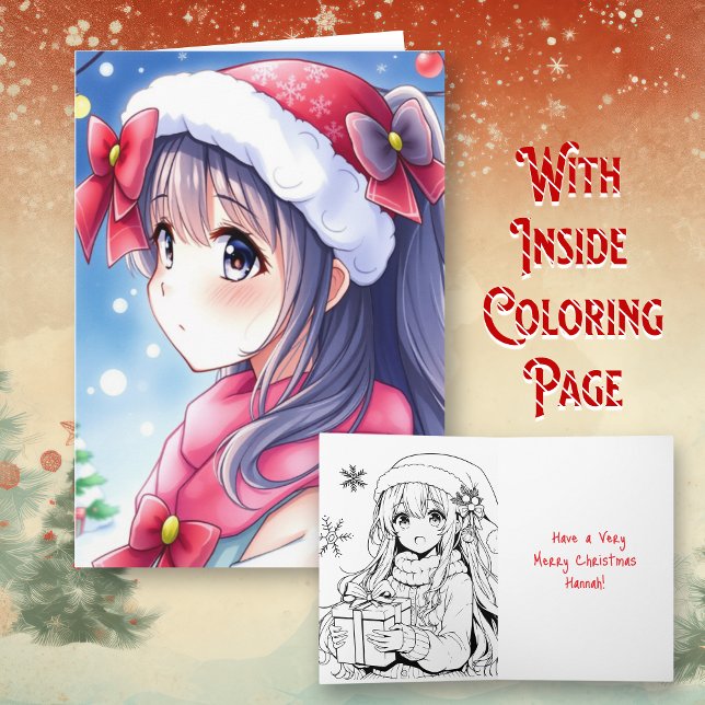 Personalised Anime Girl Colouring Page Christmas Card (Creator Uploaded)