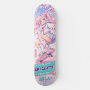 Personalised Anime Girl Cute Pink and Pastel Skateboard