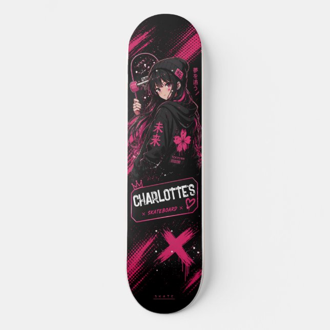 Personalised Anime Girl Pink Skateboard Deck (Front)