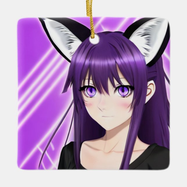 Personalised Anime Girl with Purple Hair and Eyes Ceramic Ornament (Front)