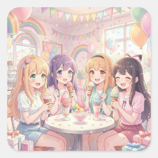 Personalised Anime Girl's Ice Cream Birthday Party Square Sticker
