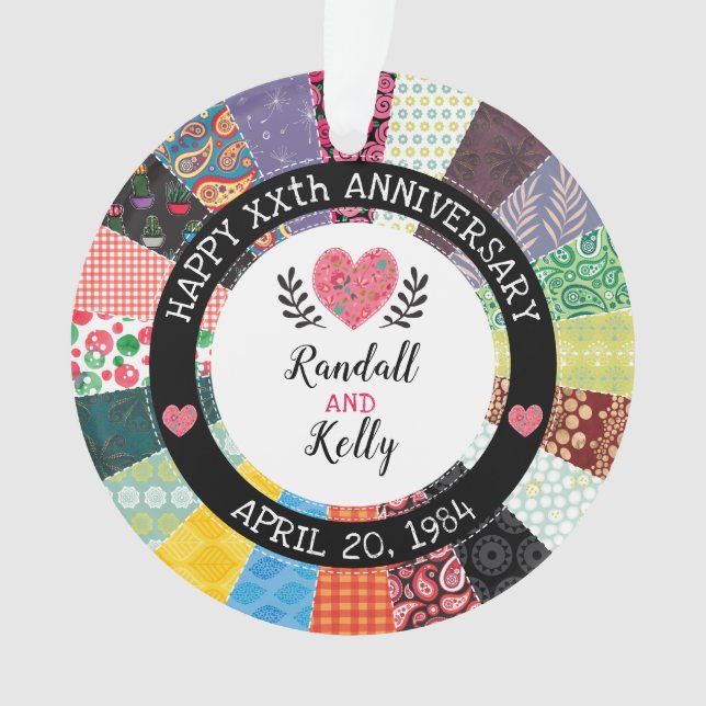 Personalised Anniversary, Patchwork Quilt Pattern Ornament (Front)