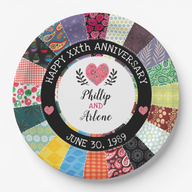 Personalised Anniversary, Patchwork Quilt Pattern Paper Plate (Front)