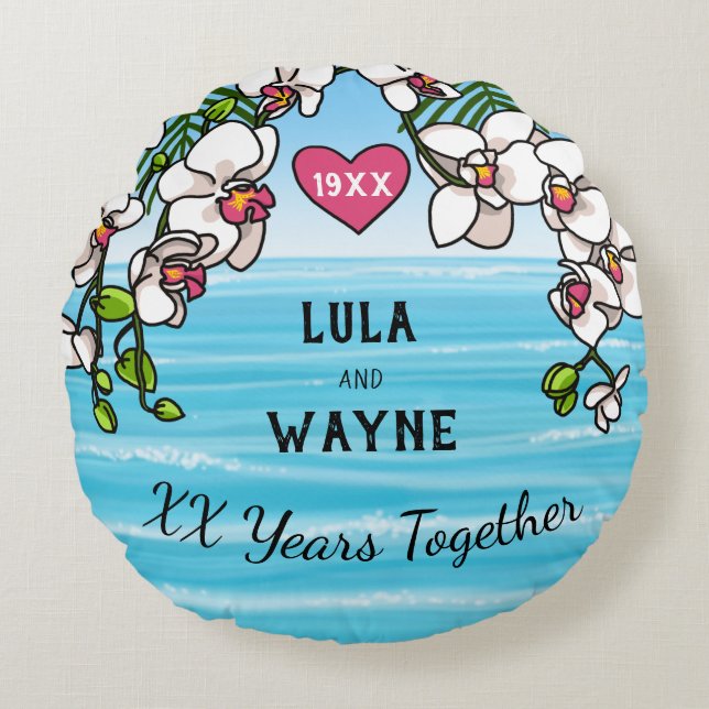 Personalised Anniversary Tropical Beach Orchids Round Cushion (Front)