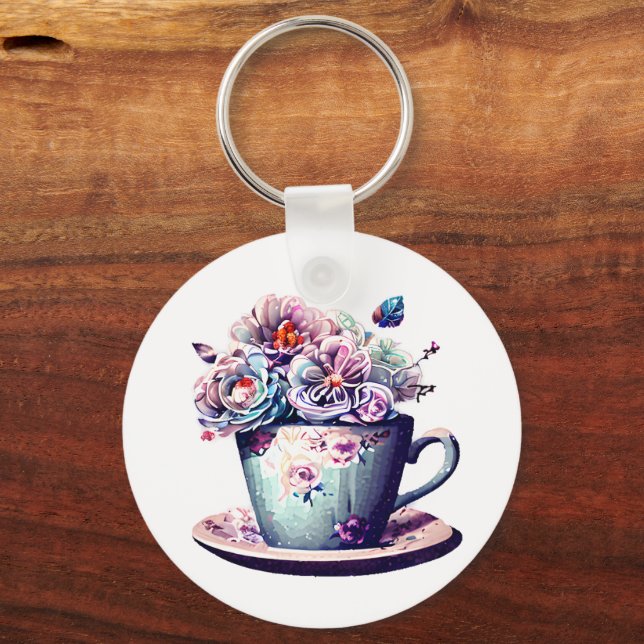 Personalised Antique Teacup with Vintage Flowers  Key Ring (Front)