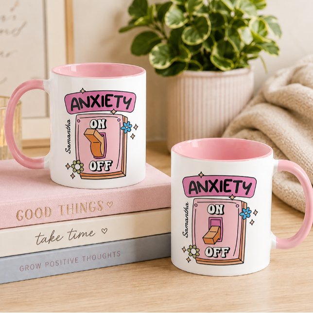 Personalised Anxiety On Off Switch Pink Coffee Mug (For those magical mornings when coffee is ON, productivity is questionable.)