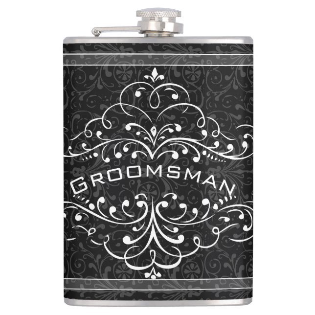 Personalised Any Colour Vintage Flourish Groomsman Hip Flask (Front)